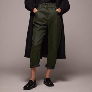 ZARA Womens Pants Baggy Paperbag Coated Wet Look Dark Green Size 12